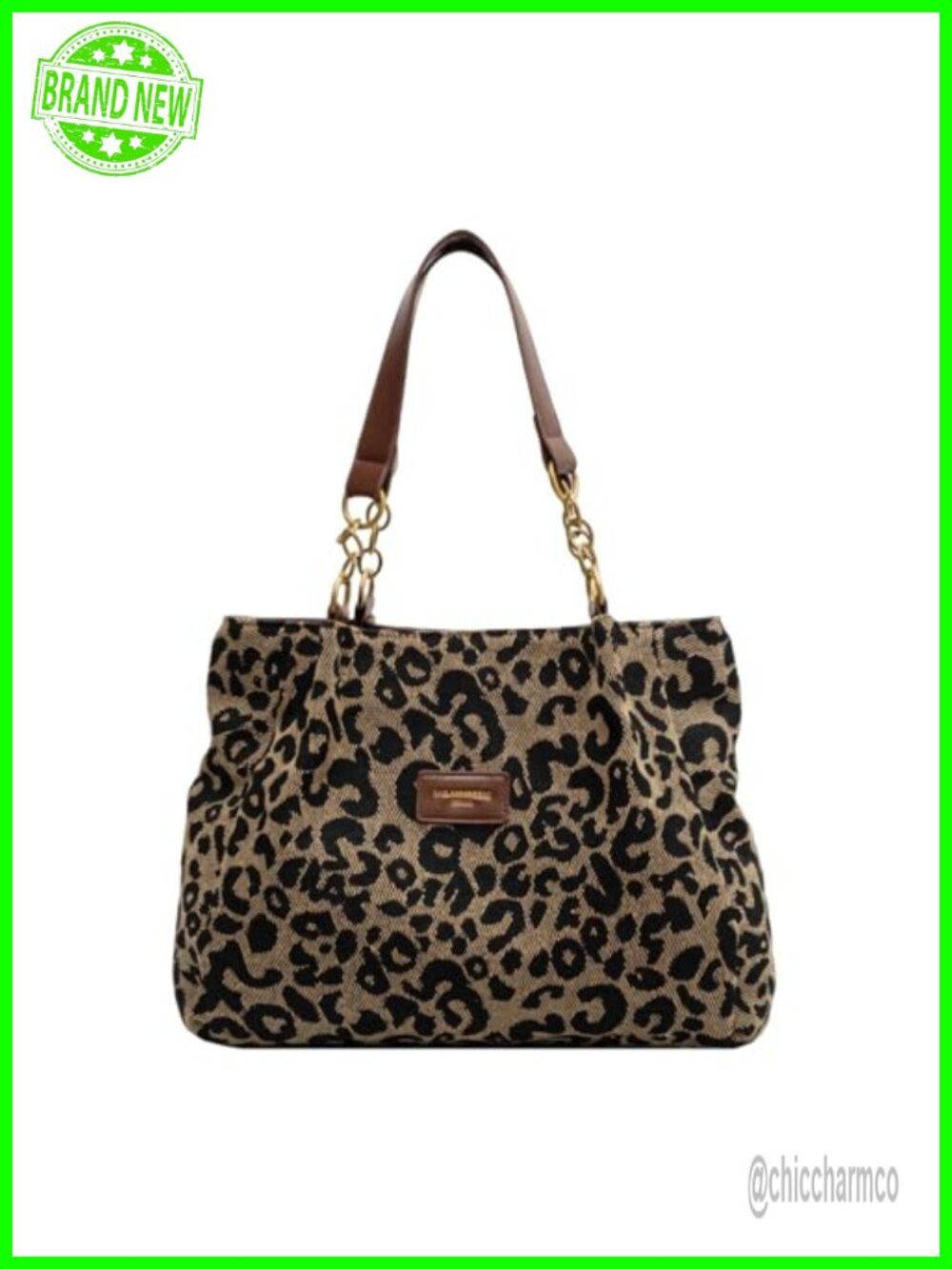 Canvas Animal Print Shoulder Bag with Chain Zipper, Trendy Everyday Purse